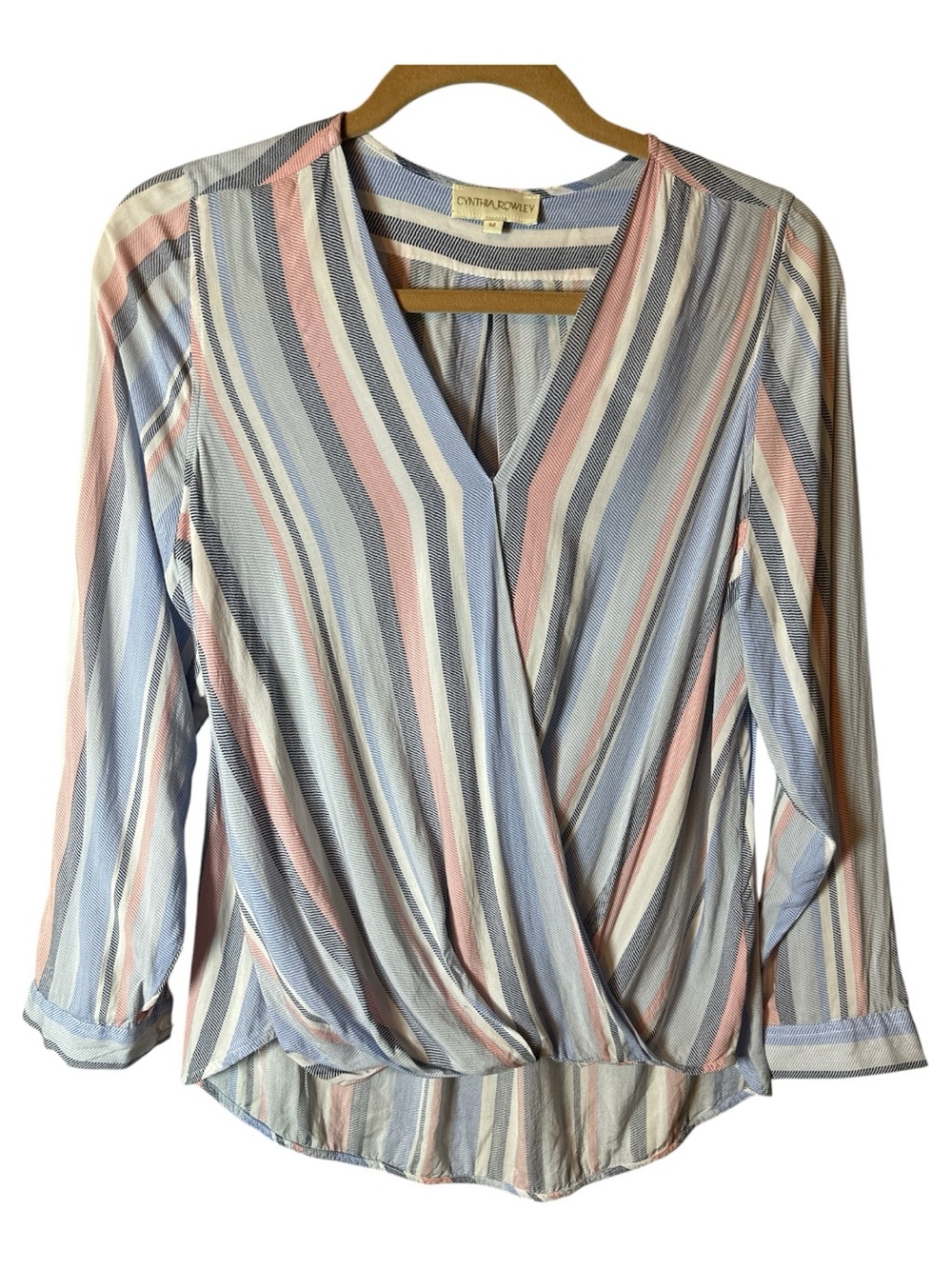 Cynthia Rowley Pastel Striped Wrap Blouse - Pink, Blue & Cream